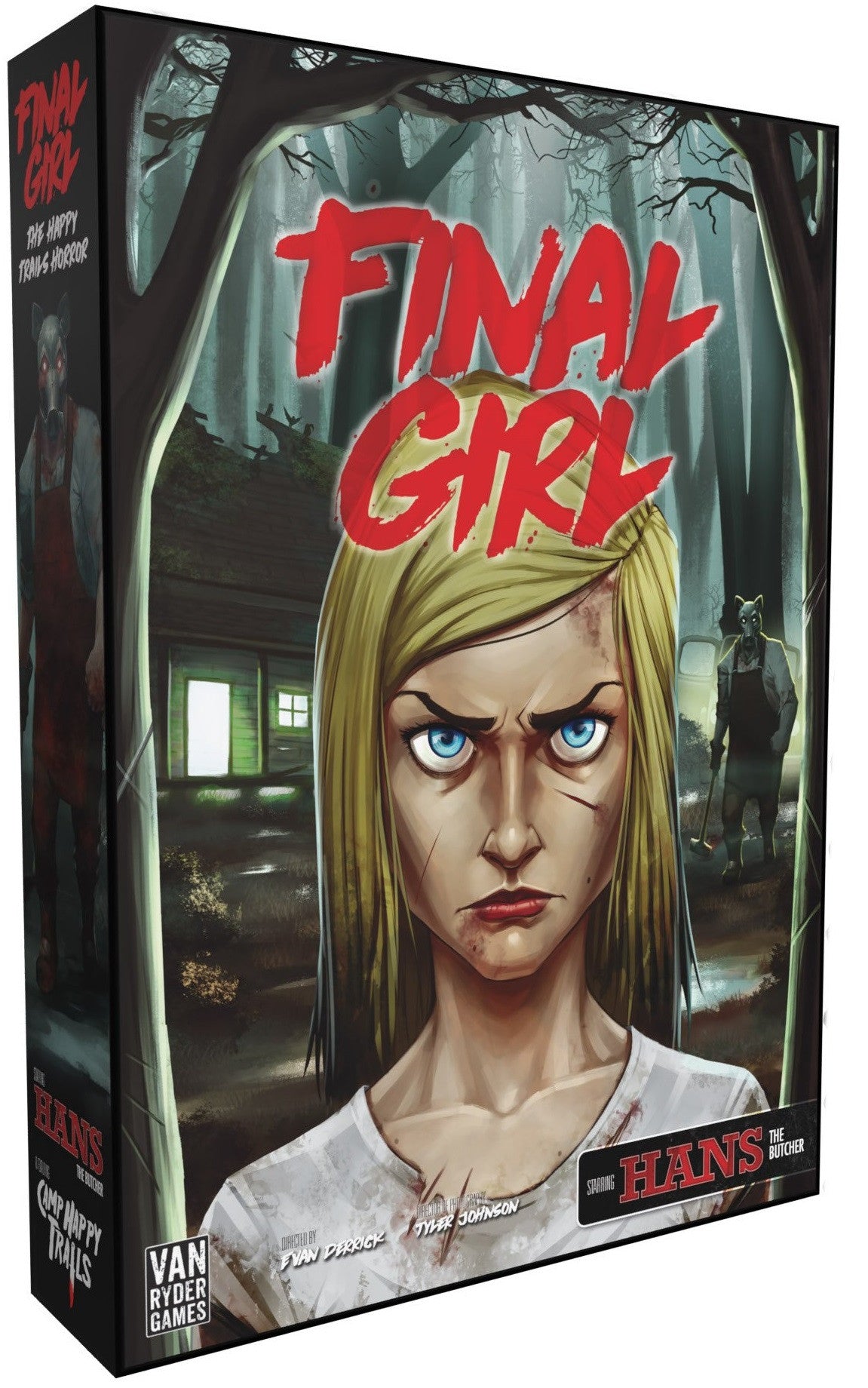 Board game box for 'Final Girl' with a character illustration and text.