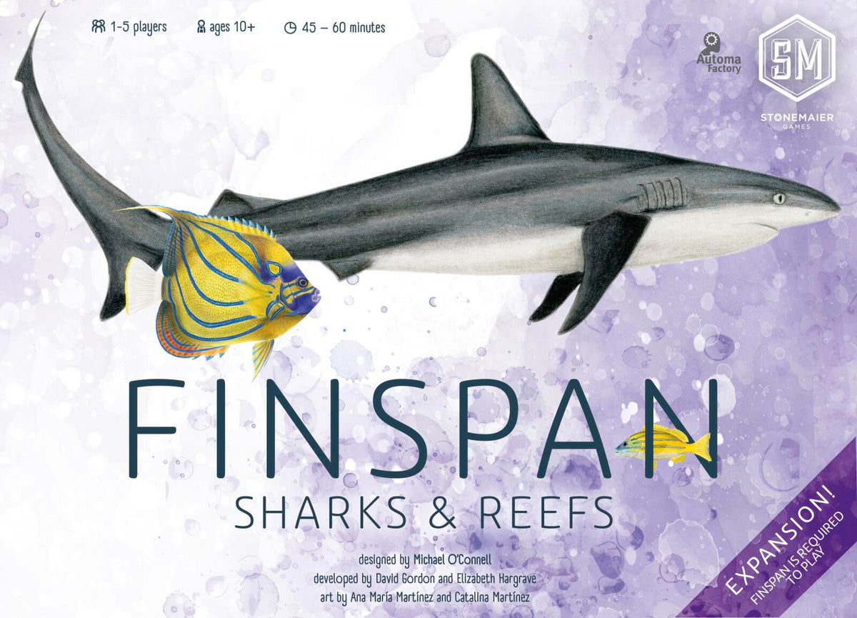 Board game box for 'Finspan: Sharks & Reefs' with shark and fish illustration on a purple background.