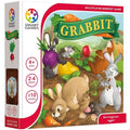 Front and side views of the Smart Games 'Grabbit' multiplayer memory game box, featuring colorful cartoon rabbits, carrots, and vegetables on a white background.
