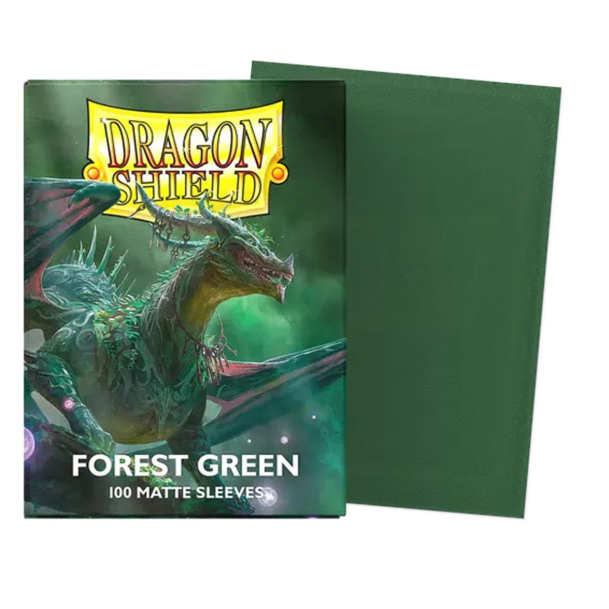 Dragon Shield Forest Green 100 Matte Card Sleeves, featuring the product box with a green dragon illustration and a single forest green matte sleeve displayed behind it on a white background.