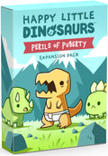Box for 'Happy Little Dinosaurs: Perils of Puberty' expansion pack with cartoon dinosaurs on a mountainous background.