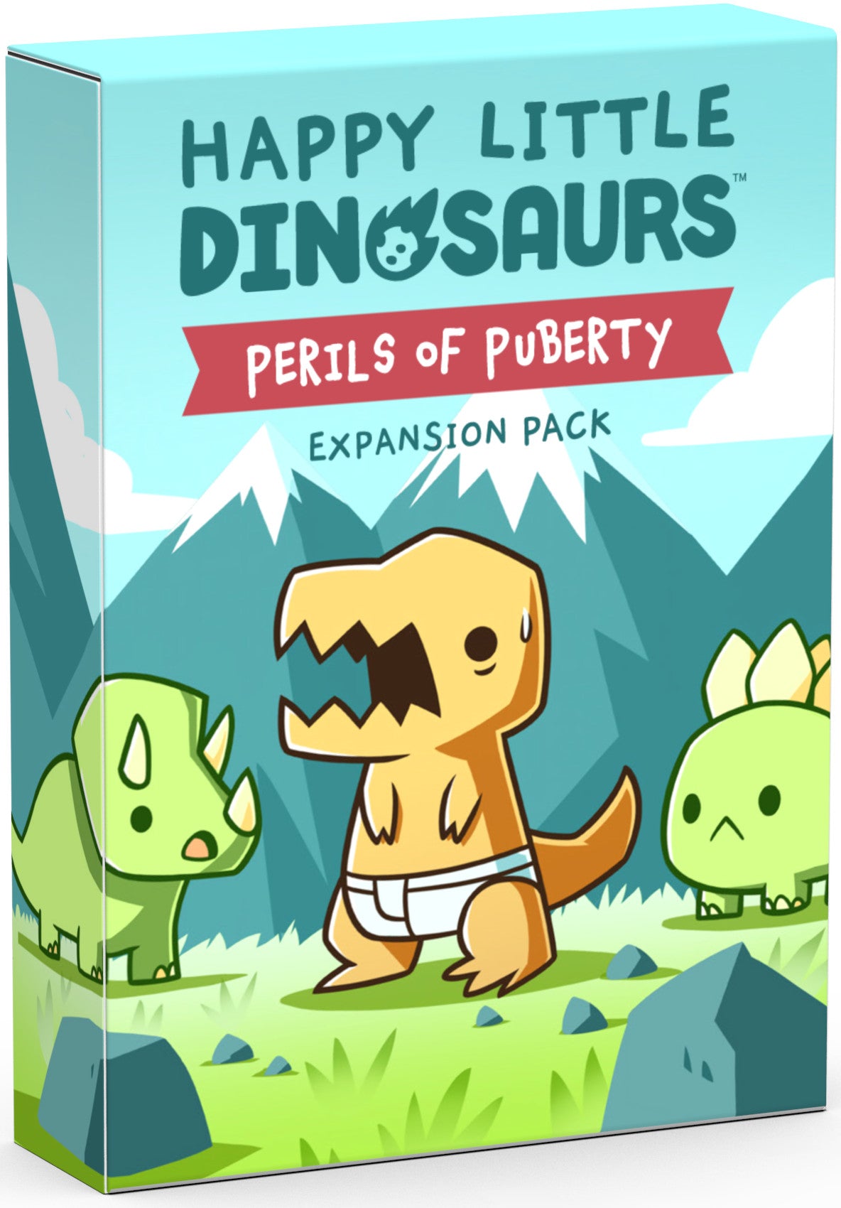Box for 'Happy Little Dinosaurs: Perils of Puberty' expansion pack with cartoon dinosaurs on a mountainous background.