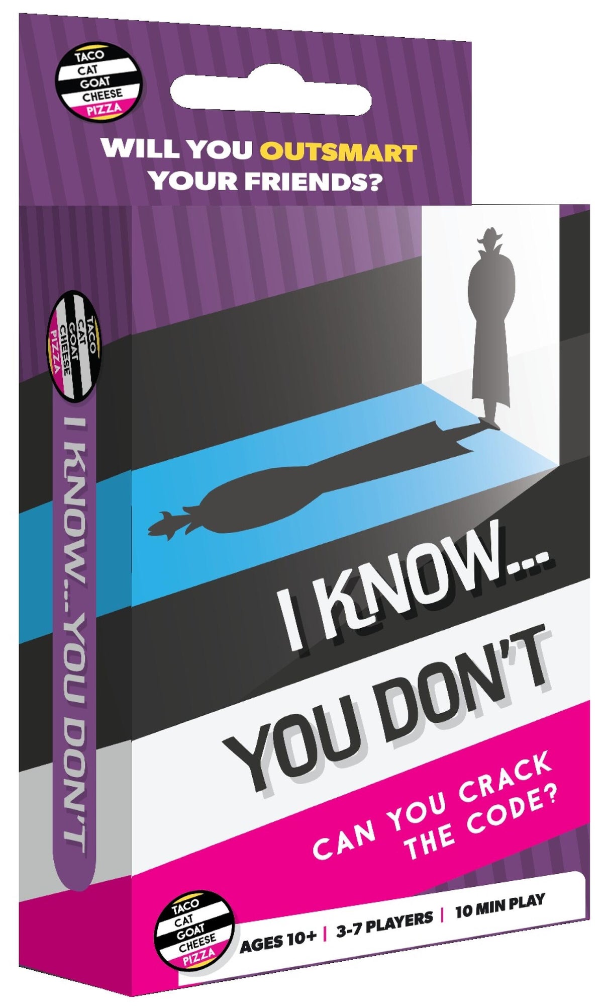 Board game packaging titled 'I Know... You Don't' with a purple and black design.