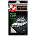 Metal Earth Ghostbusters Ecto-1 3-in-1 steel model kit packaging, featuring the Ghostbusters logo, a black background, and an illustration of the white car with blue and red details.