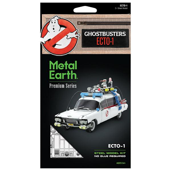 Metal Earth Ghostbusters Ecto-1 3-in-1 steel model kit packaging, featuring the Ghostbusters logo, a black background, and an illustration of the white car with blue and red details.