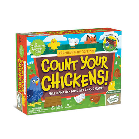 Board game box for 'Count Your Chickens!' with colorful design and chicken illustrations.