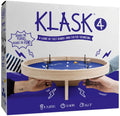 Klask board game packaging with hands holding the game and game components.