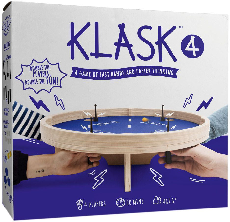 Klask board game packaging with hands holding the game and game components.