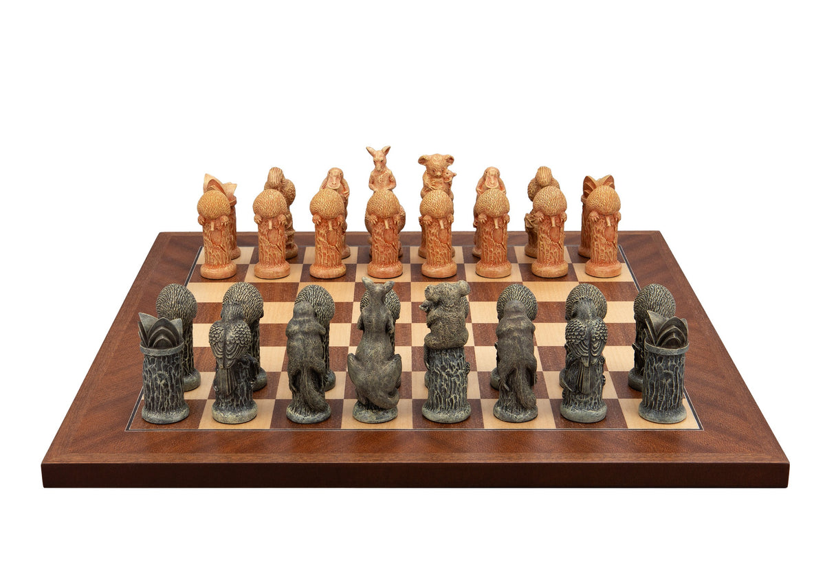 Dal Rossi Italy hand-painted Australiana chessmen on a mahogany and maple 40cm chess board