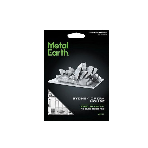 Metal Earth Steel Model Kit Sydney Opera House carded packaging, featuring a black background with the green Metal Earth logo and a 3D model rendering of the opera house.