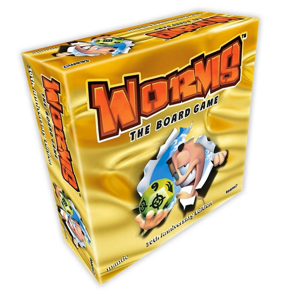 Board game box titled 'Worms' with cartoon characters on a yellow background