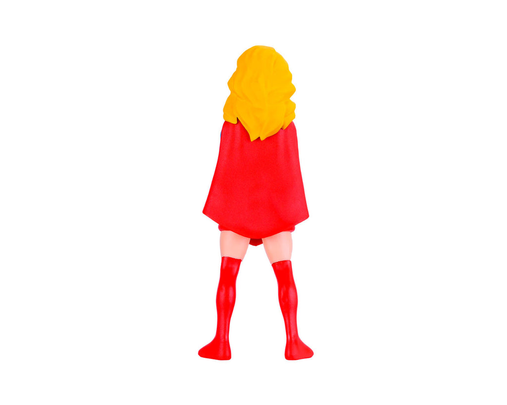 A toy figure of a girl with long yellow hair, wearing a red dress and red thigh-high boots, shown from the back against a plain white background.