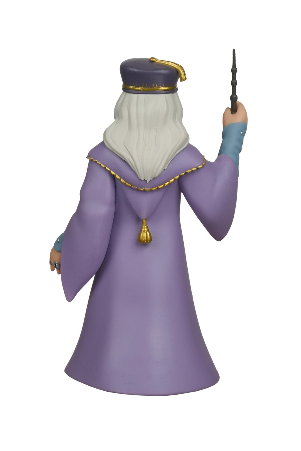 A collectible figurine of a wizard shown from the back, wearing a lavender-purple robe with gold trim, a white beard, and a dark purple hat, holding a wand.