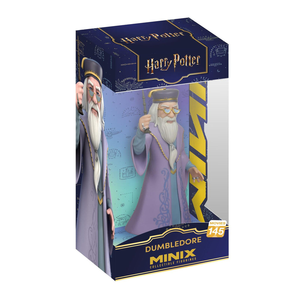 Harry Potter Minix Collectible Figures Dumbledore figure in its original packaging, featuring a purple robe, white beard, and gold glasses, with a dark blue and gold box design.
