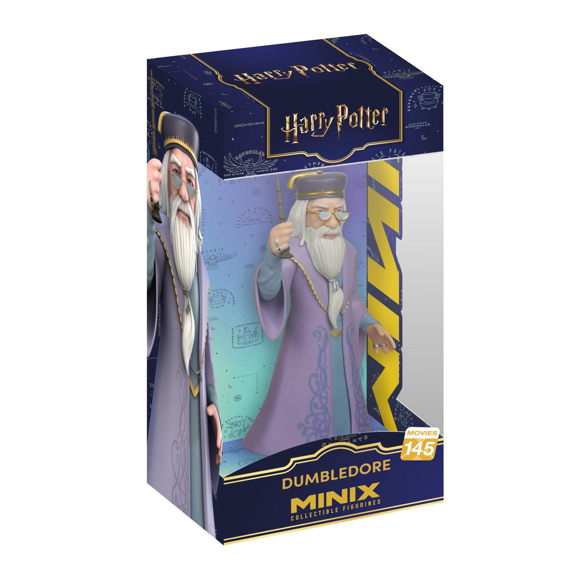 Harry Potter Minix Collectible Figures Dumbledore figure in its original packaging, featuring a purple robe, white beard, and gold glasses, with a dark blue and gold box design.