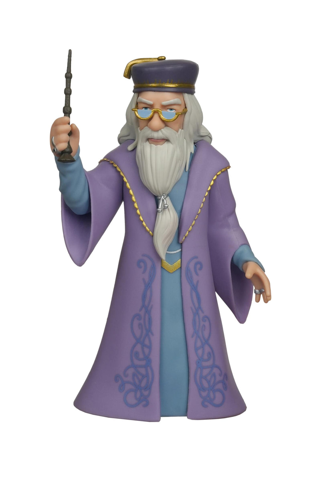 A collectible figurine of a wizard with a long white beard, wearing a purple robe with blue patterns, a light blue inner tunic, and a purple hat with gold trim, holding a wand, isolated on a white background.