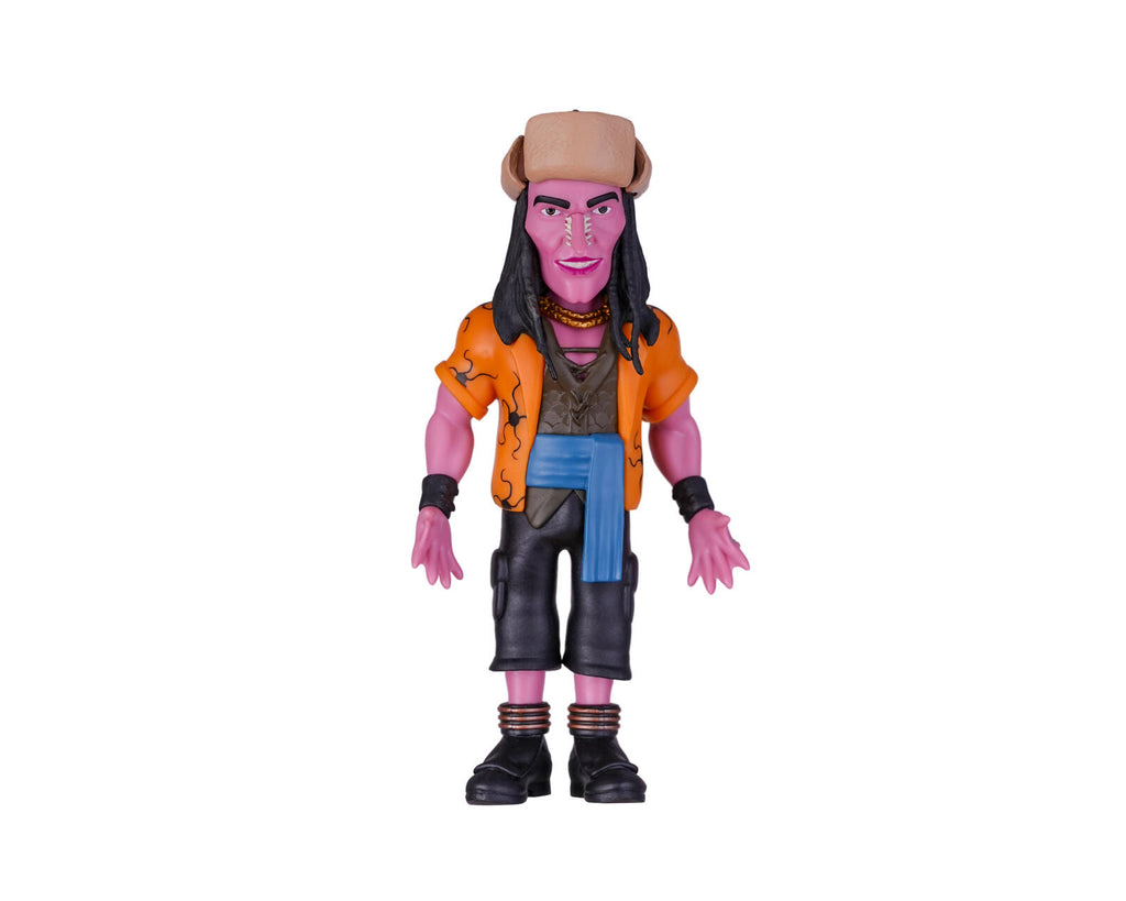 A stylized collectible action figure of a pink-skinned character with long black hair, wearing a tan hat, orange jacket, blue sash, and black pants, shown against a plain white background.