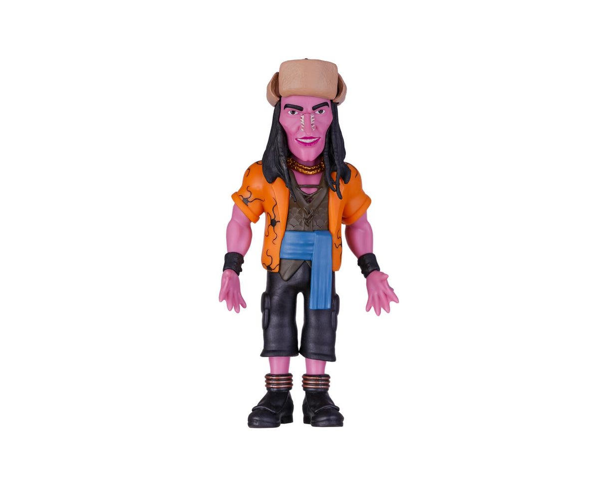 A stylized collectible action figure of a pink-skinned character with long black hair, wearing a tan hat, orange jacket, blue sash, and black pants, shown against a plain white background.