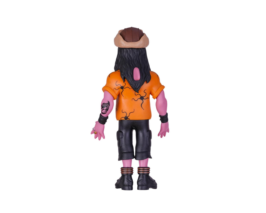 A stylized action figure shown from the back, wearing an orange shirt with black graphic details, black shorts, black boots, pink arms, and a brown hat, isolated on a white background.