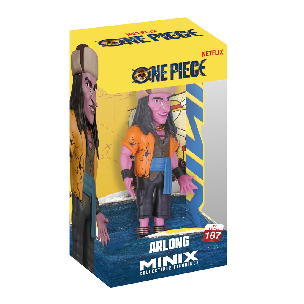 One Piece Minix Collectible Figures #187 Arlong box set, featuring a collectible figure of Arlong in his signature orange shirt and black pants, displayed inside its yellow and blue packaging.