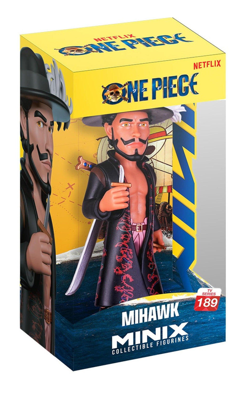 One Piece Minix Collectible Figurines box containing the character Mihawk, shown in its retail packaging on a white background.