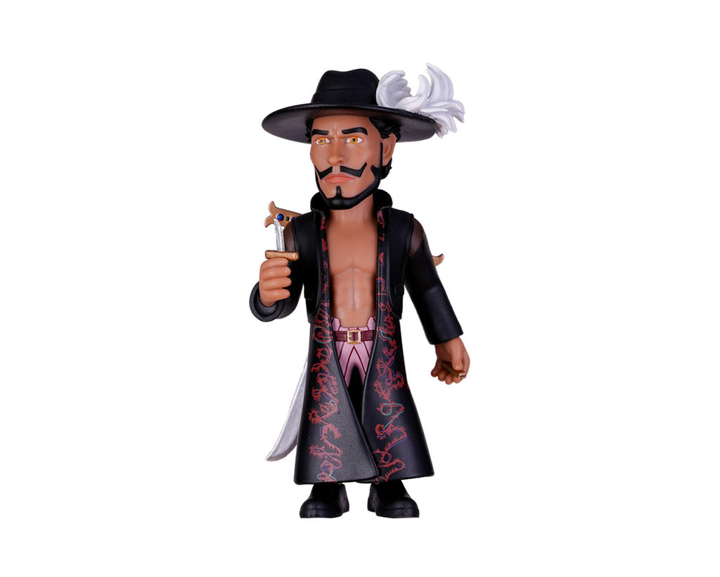 A stylized collectible figurine of a pirate character wearing a black hat with a white feather, a black open-front coat with red patterns, and black pants, holding a cup against a plain white background.
