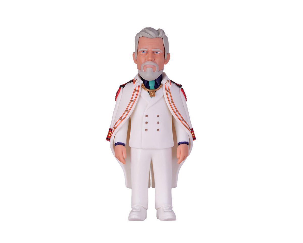 A collectible vinyl figure of a stern, gray-bearded man in a white military uniform with red and gold accents, set against a plain white background.