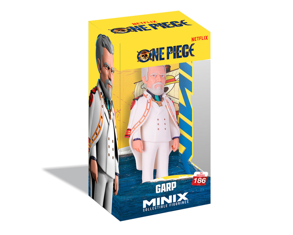 One Piece Minix Collector's Piece: Garp figure in its original window box packaging, featuring a bright yellow and blue design with an illustration of Garp.