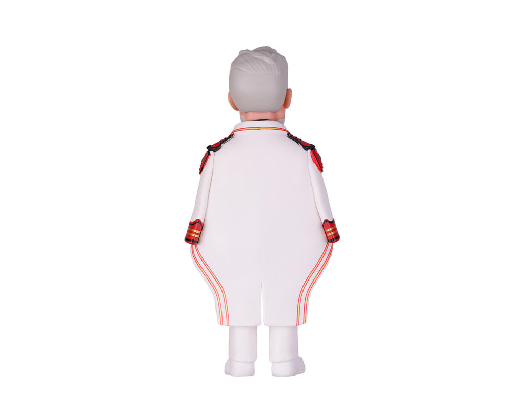 A white military-style costume or uniform shown from the back, featuring red and black shoulder details and red piping along the sides, on a plain white background.