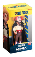 One Piece Minix Shanks collectible figurines box, featuring a yellow and blue packaging design with an illustration of Shanks on the front and side panels.