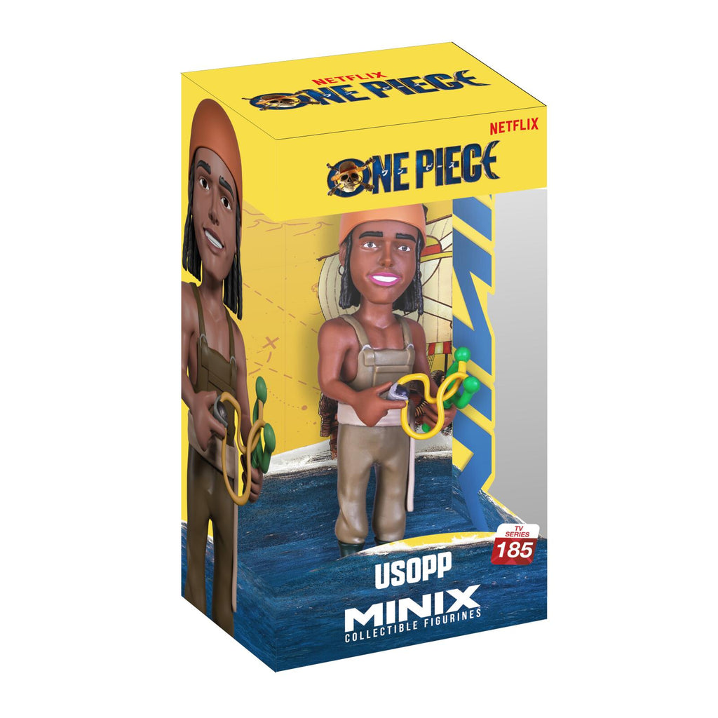 One Piece Minix Collectible Figurines USOPP (Mink) figure in its original yellow and blue packaging box, featuring an illustration of the character on the left side of the box.