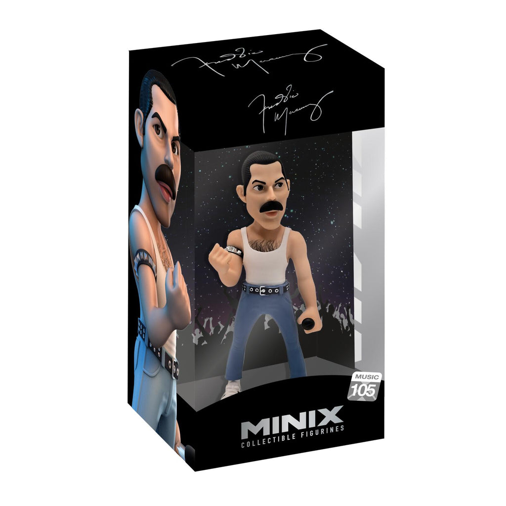 MINIX Collectible Figures Minix 105th Anniversary Edition Freddie Mercury figure in its original window box packaging, featuring a printed figure and a large graphic of Freddie Mercury on the box.