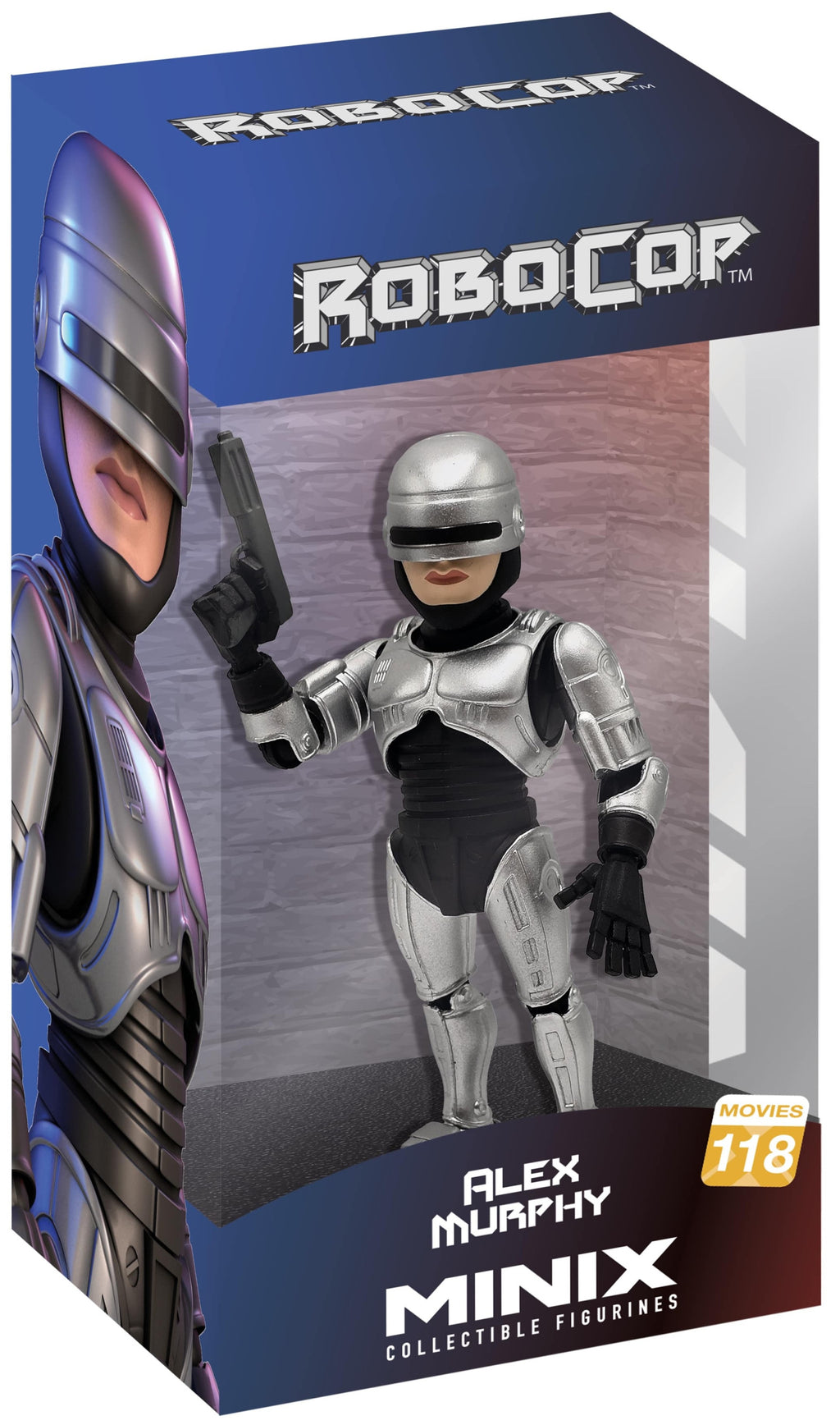RoboCop Minix Alex Murphy collectible figure box, featuring the figure in silver and black armor standing in front of a RoboCop-themed box design with character artwork.