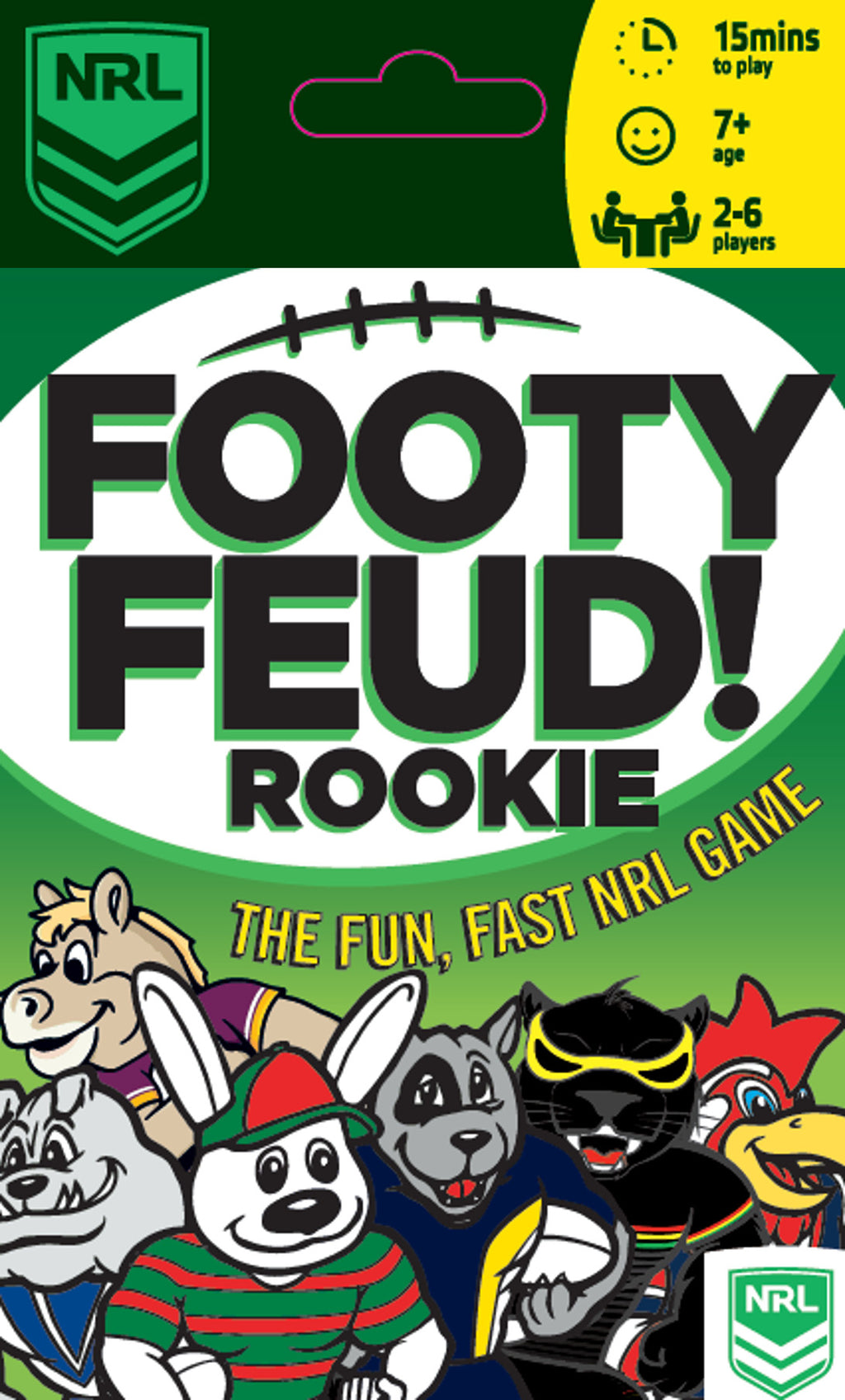 Packaging of 'Footy Feud! Rookie' NRL game with cartoon animals and branding.