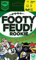 Packaging of 'Footy Feud! Rookie' NRL game with cartoon animals and branding.