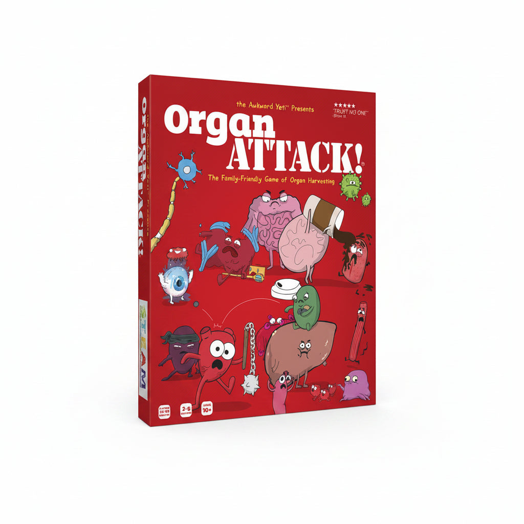 Board game box titled 'Organ Attack!' with cartoon illustrations on a red background