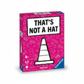 The board game box for 'That's Not a Hat' by Kasper Lapp, published by Ravensburger. The box features a bright pink background with white line drawings of various objects and a large white traffic cone graphic in the center with the text 'THAT'S NOT A HAT' in bold black letters.