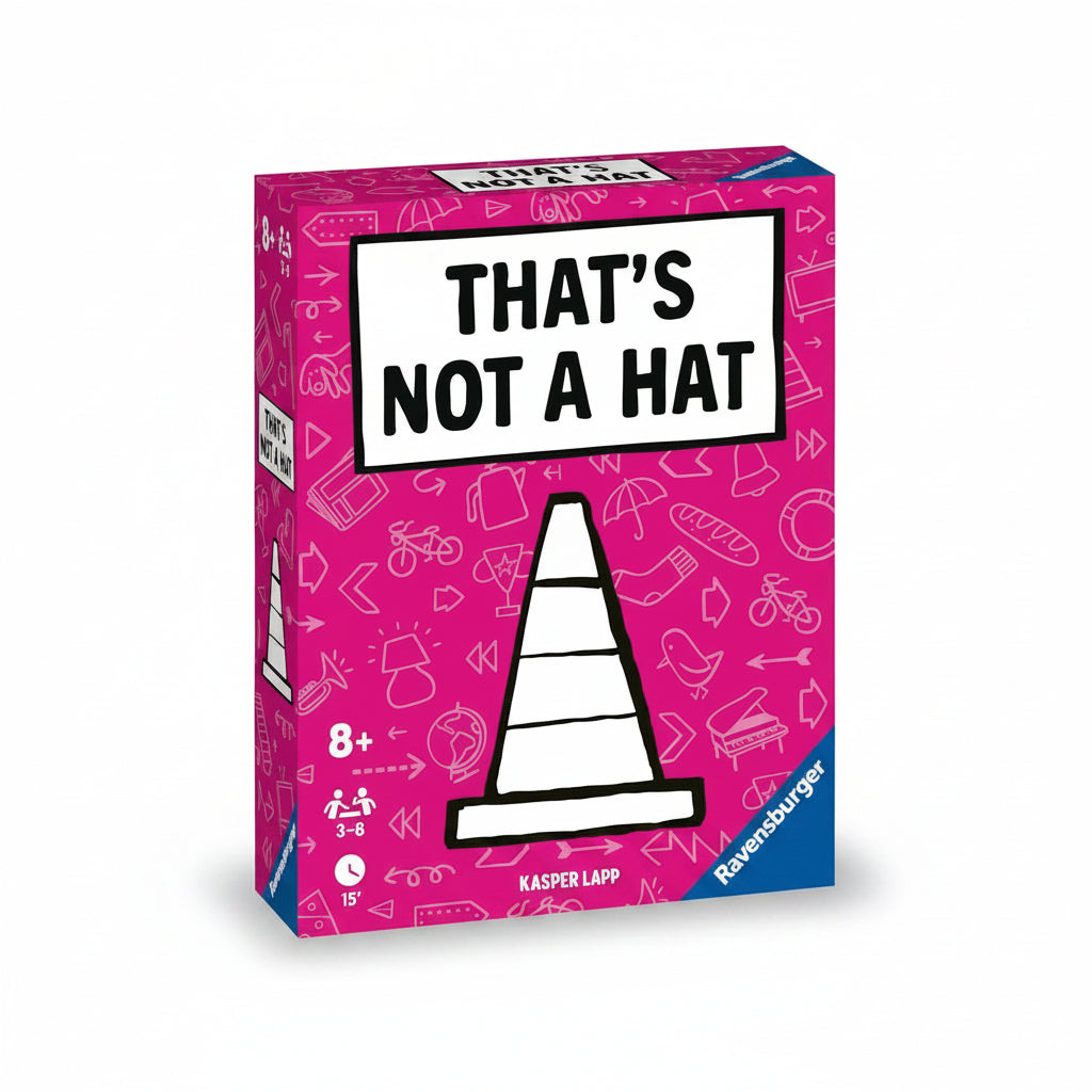 The board game box for 'That's Not a Hat' by Kasper Lapp, published by Ravensburger. The box features a bright pink background with white line drawings of various objects and a large white traffic cone graphic in the center with the text 'THAT'S NOT A HAT' in bold black letters.