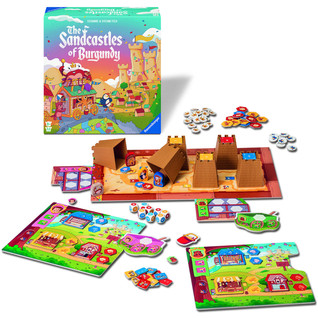 Board game set with colorful components and 'Sandcastles of Burgundy' box on a white background