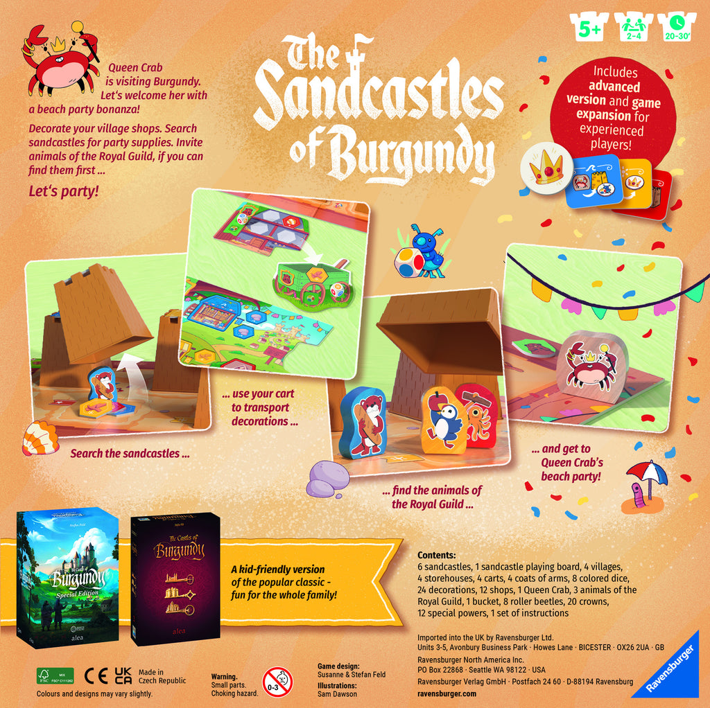 Promotional image of 'The Sandcastles of Burgundy' board game packaging with colorful graphics and text.