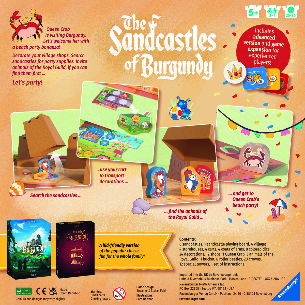 Promotional image of 'The Sandcastles of Burgundy' board game packaging with colorful graphics and text.