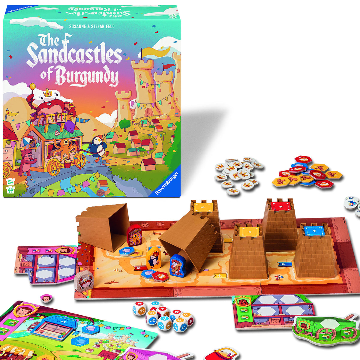 Board game set with 'The Sandcastles of Burgundy' packaging, game board, and components on a white background.
