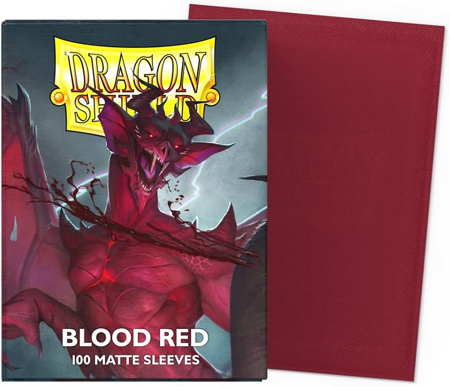 Dragon Shield blood red card sleeves with a dragon illustration on the packaging.