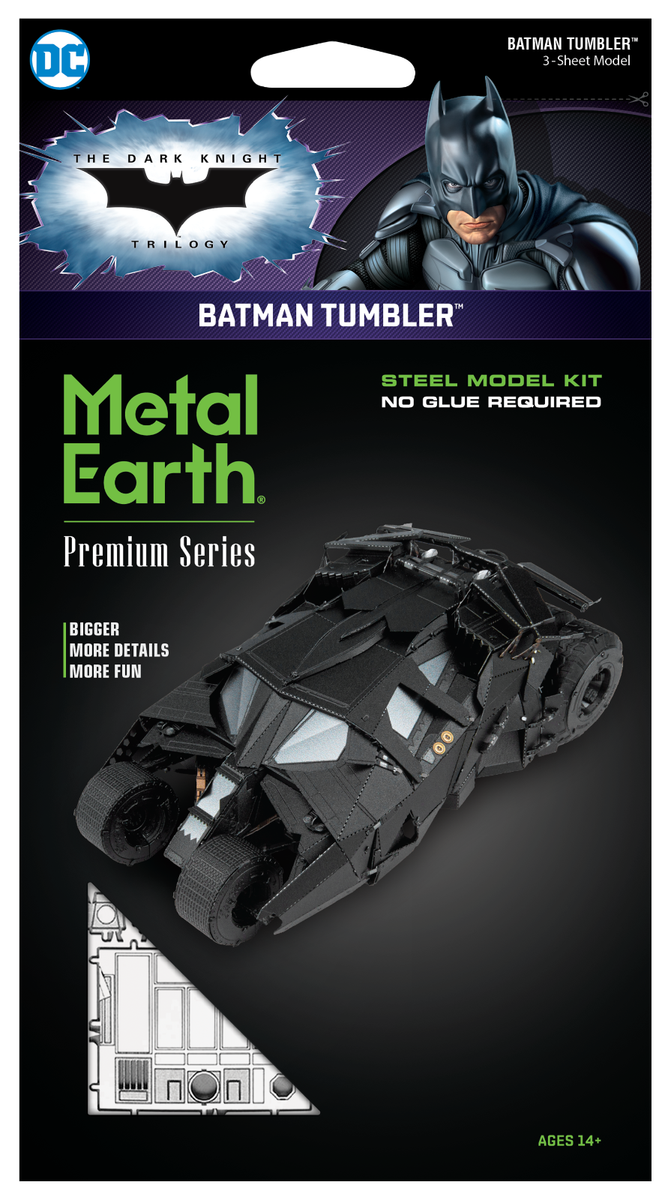 Front of the Batman Tumbler Steel Model Kit packaging by Metal Earth, showing the assembled black bat-shaped model car, Batman character art, and branding on a dark background.