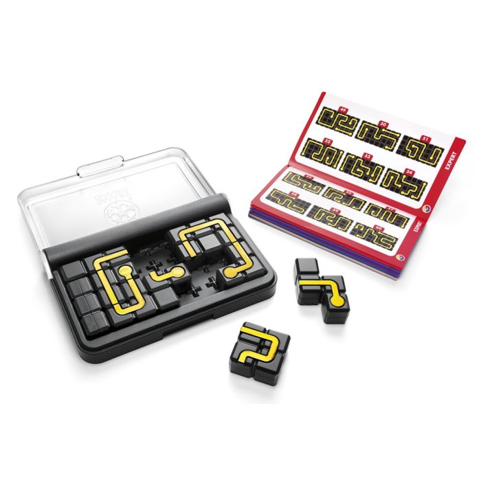 A set of black and yellow maze-shaped magnetic tiles shown with a clear plastic storage case, loose pieces, and a sheet of additional tiles on a white background.