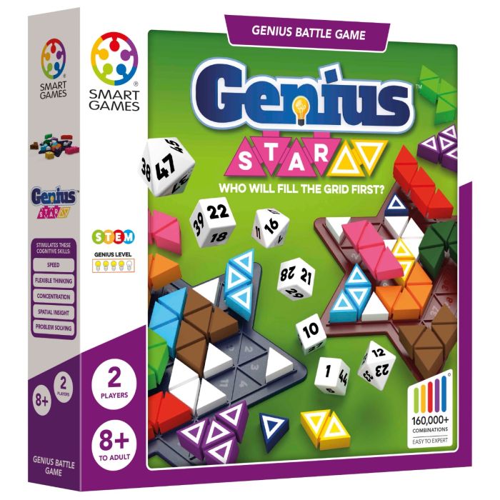 Smart Games Genius Starov game box with colorful geometric shapes and dice on a green background