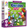 Smart Games Genius Starov game box with colorful geometric shapes and dice on a green background