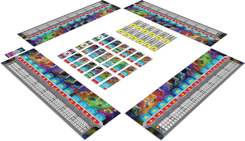 Board game components including cards and boards on a white background