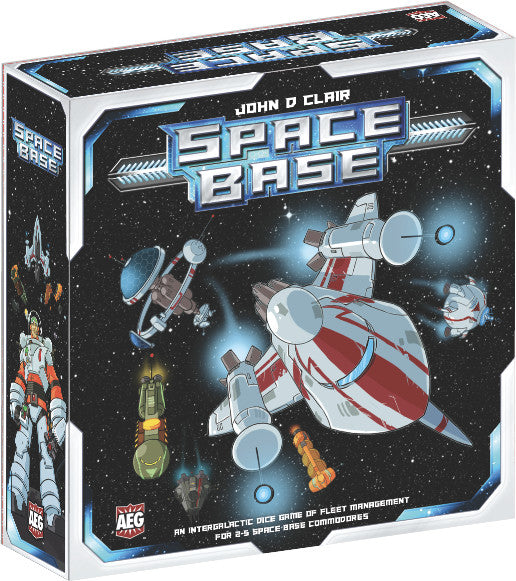 Space-themed board game box with space ships and astronauts on a black background