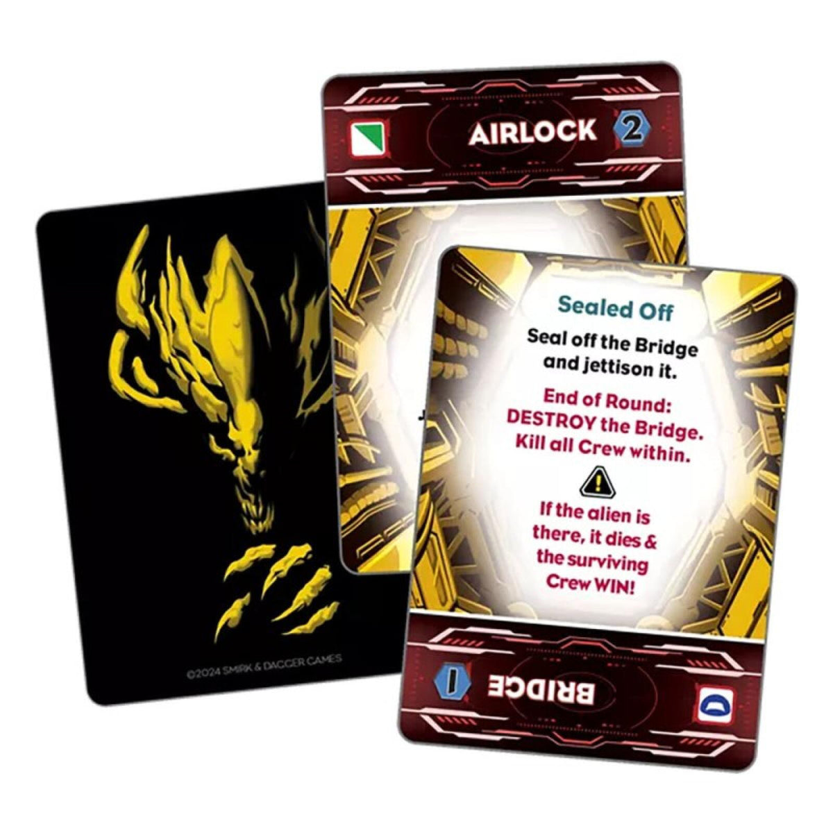 Three card game cards with alien design and text on a white background